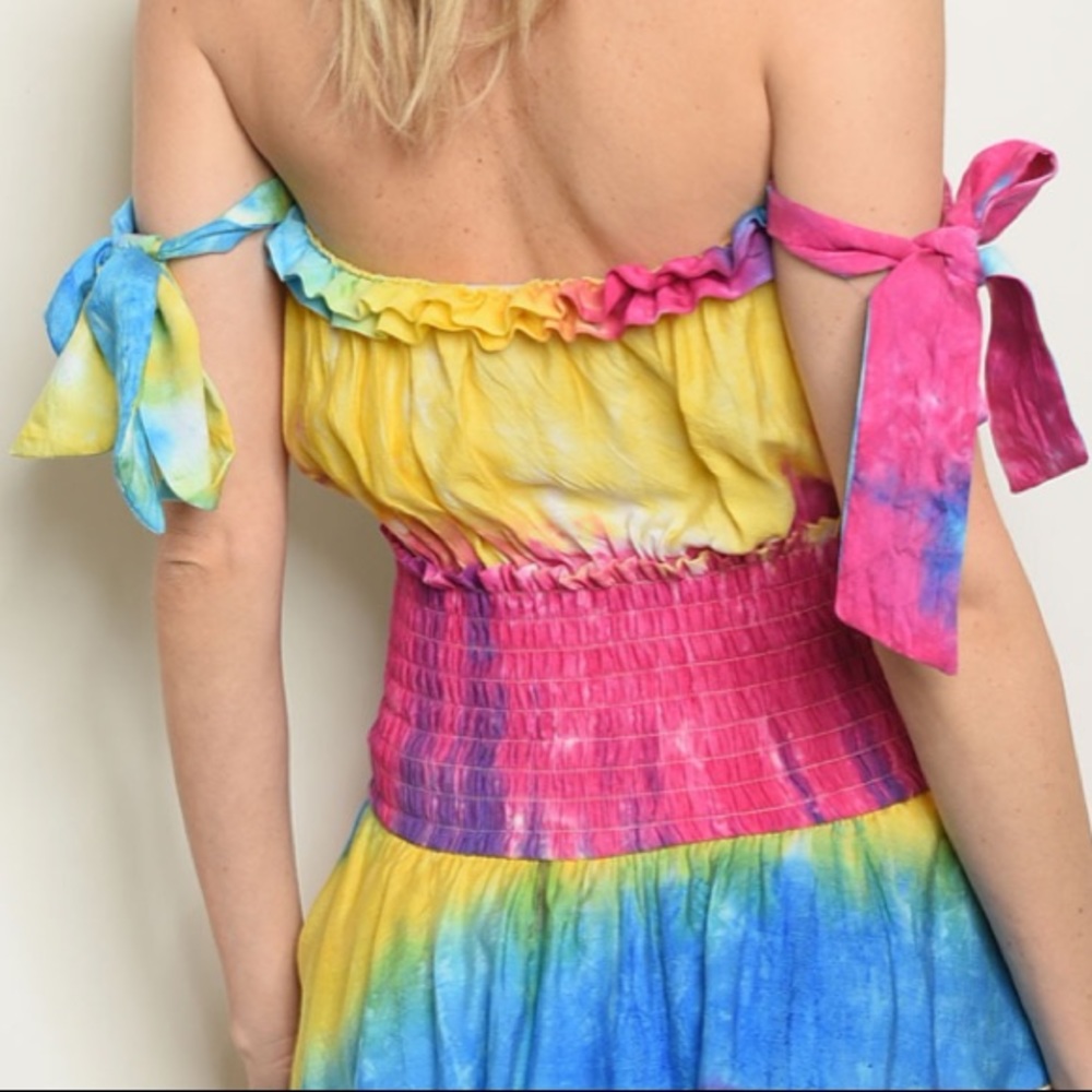 Tie-Dye Short sleeve off-shoulder romper minidress - Picture 3 of 5